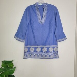 Jade Blue Embroidered Tunic with White Trim
